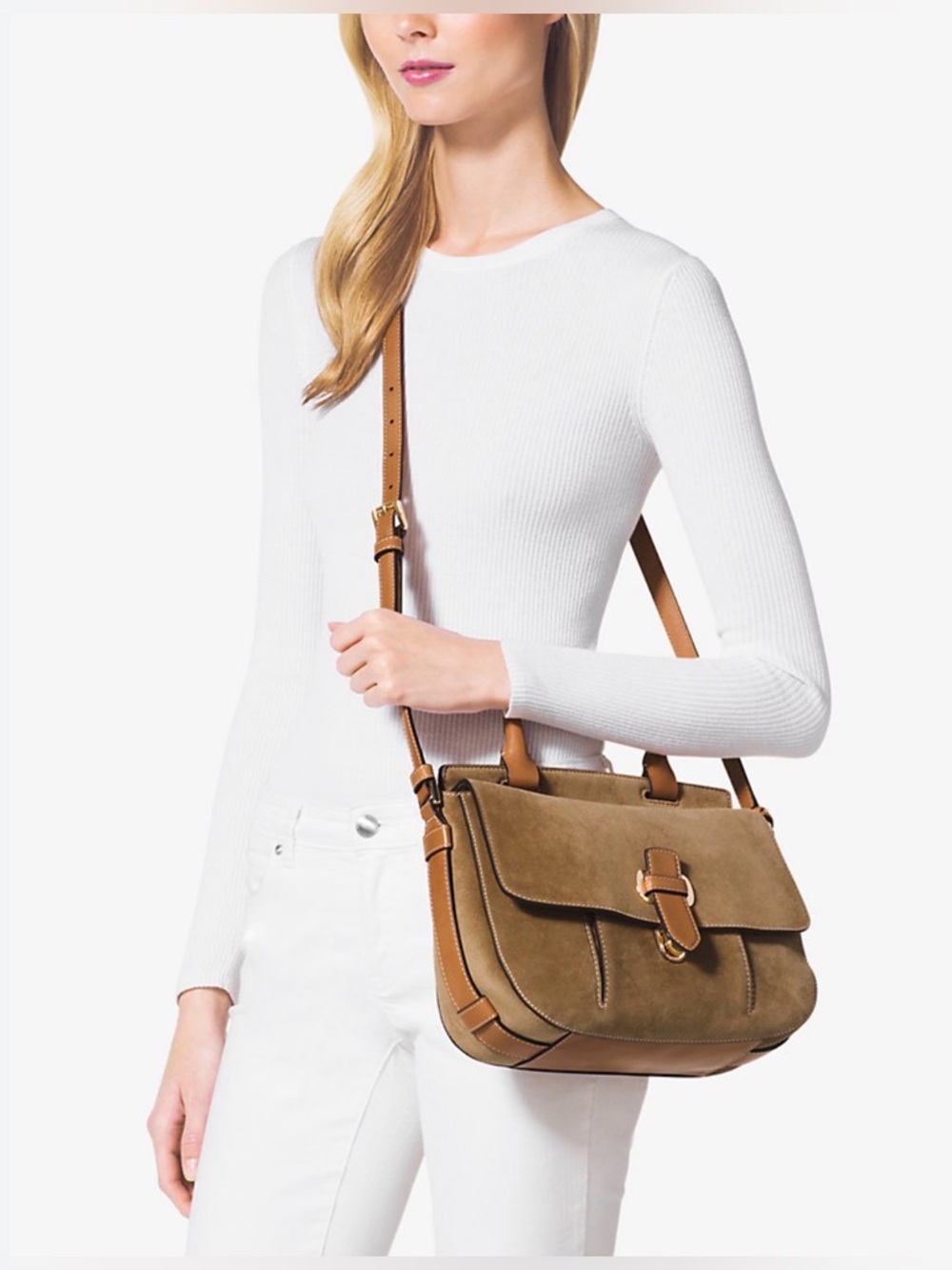 Michael Kors Suede Satchel with Tan Leather Trim
